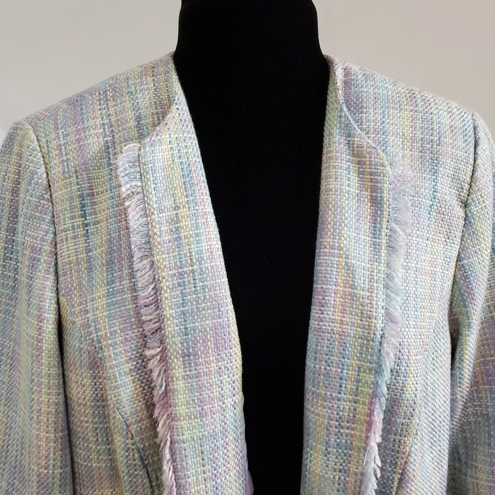 Vintage Maggie Barnes Pastel‎ Mint Lavender Raw Frayed Open Blazer Plus Size 18W